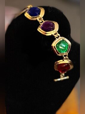 Vintage Avon—Caprianti Bracelet, Gold Tone Chain & Toggle, Jewel Tone Cabochons